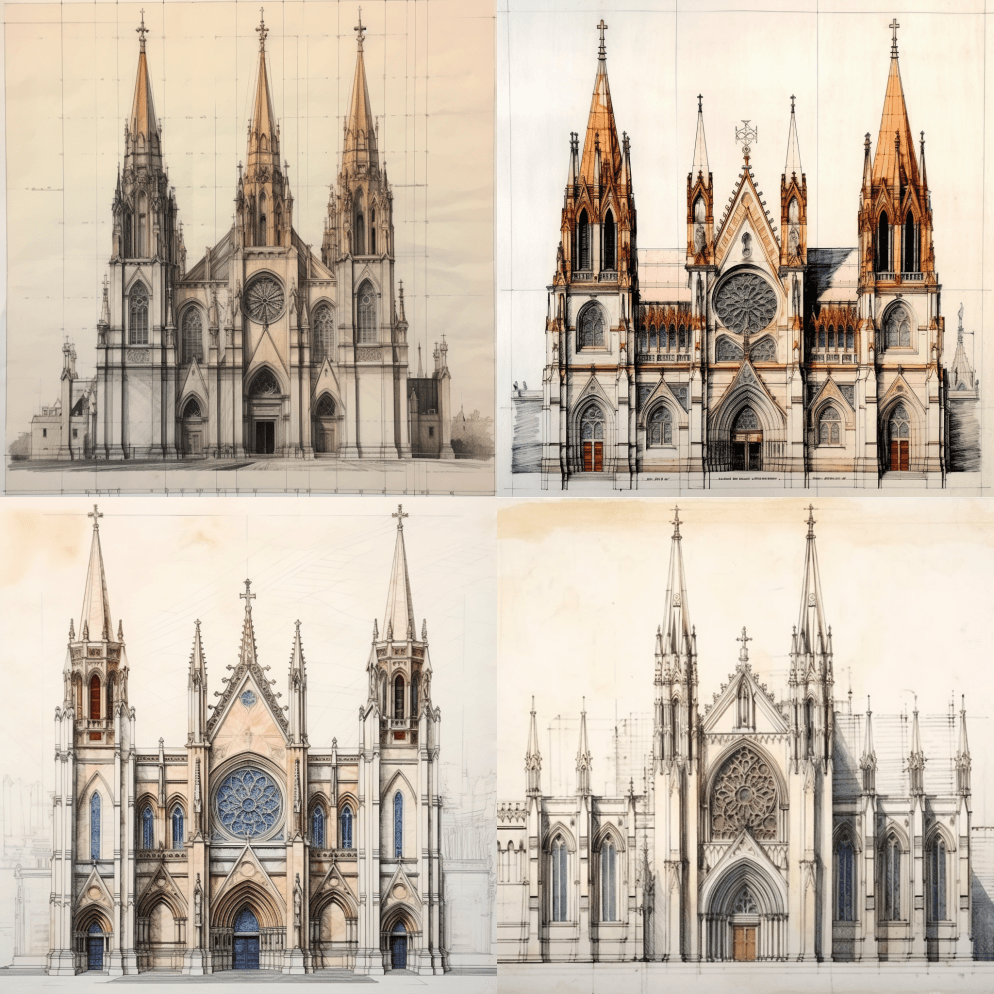 白板上有记号笔的大教堂建筑立面图 - Midjourney Prompt