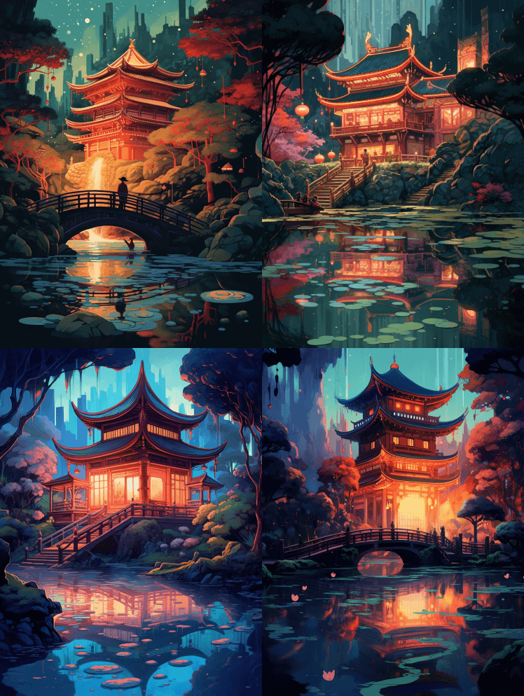 中国古典园林、建筑、拱桥、瀑布、灯光、池 - Midjourney Prompt