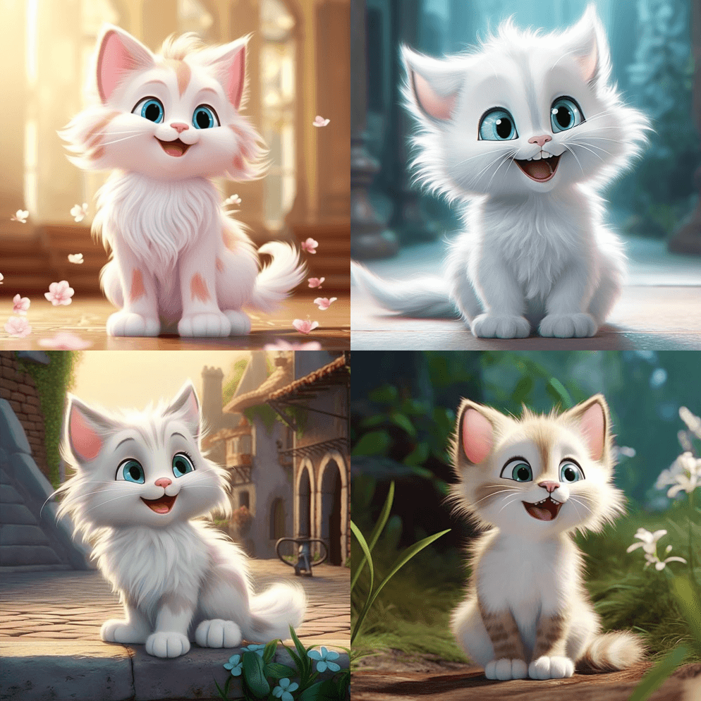 可爱的长毛小猫骄傲地对着镜头微笑，迪士尼 - Midjourney Prompt
