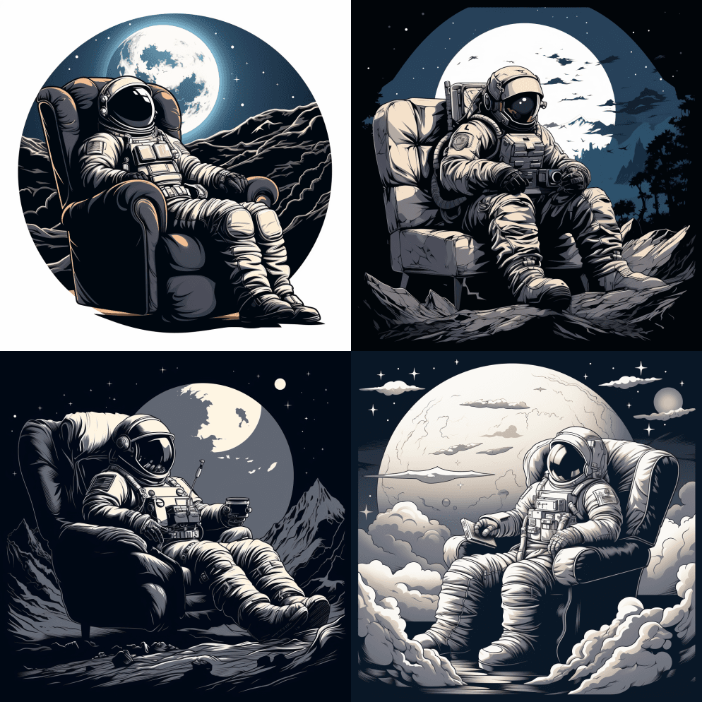 白色背景线条灰色卡通贴纸，一名宇航员坐在 - Midjourney Prompt