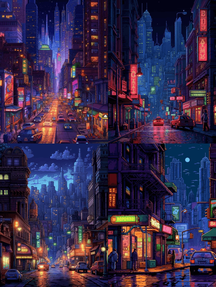 纽约市的夜城。游戏像素艺术风格喜欢90年 - Midjourney Prompt