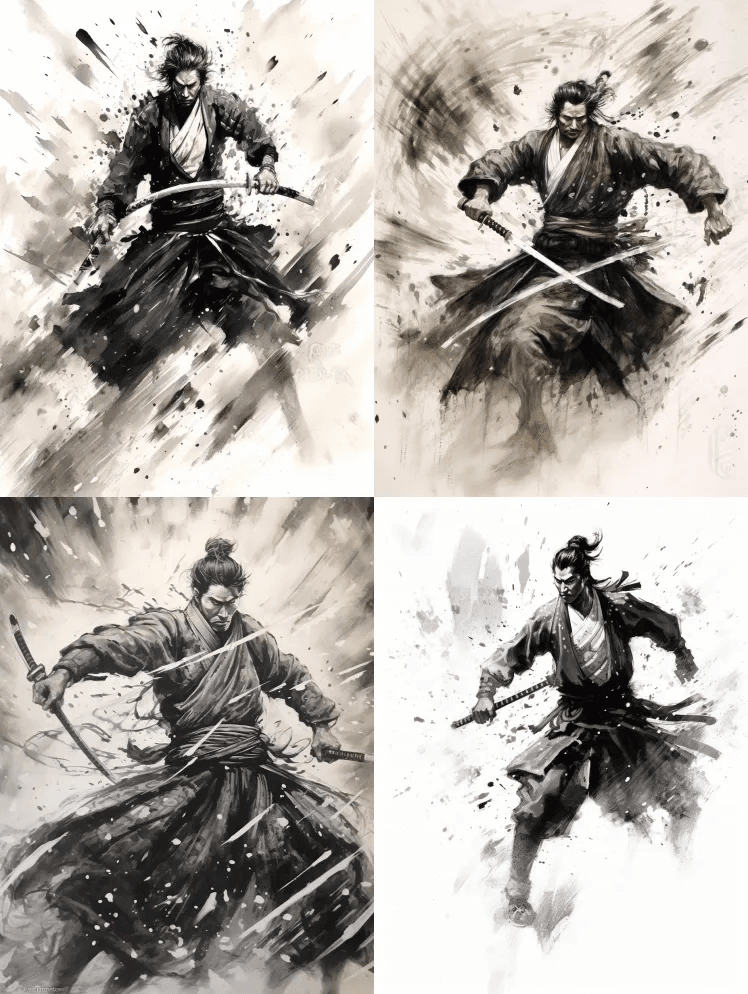 黑白水墨画描绘了一名战斗中的武士，动态的 - Midjourney Prompt