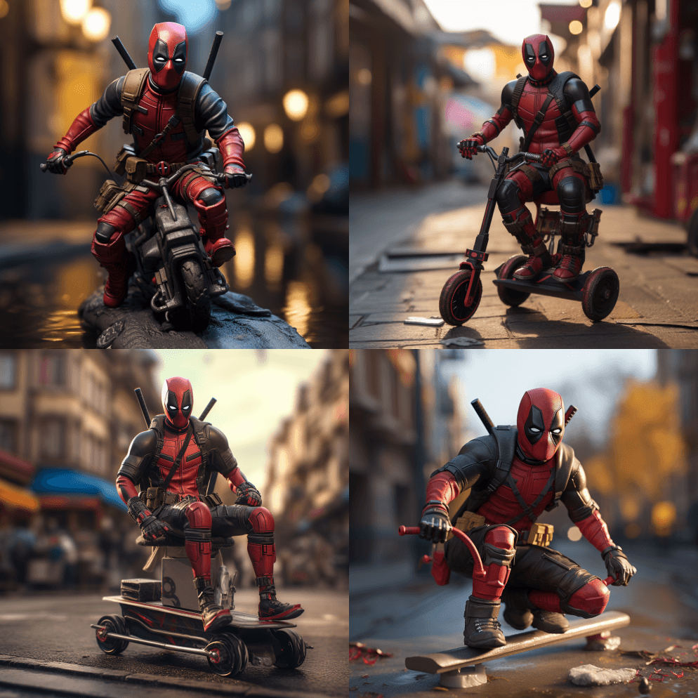 一个死侍动作人偶骑着滑板车，风格是hur - Midjourney Prompt