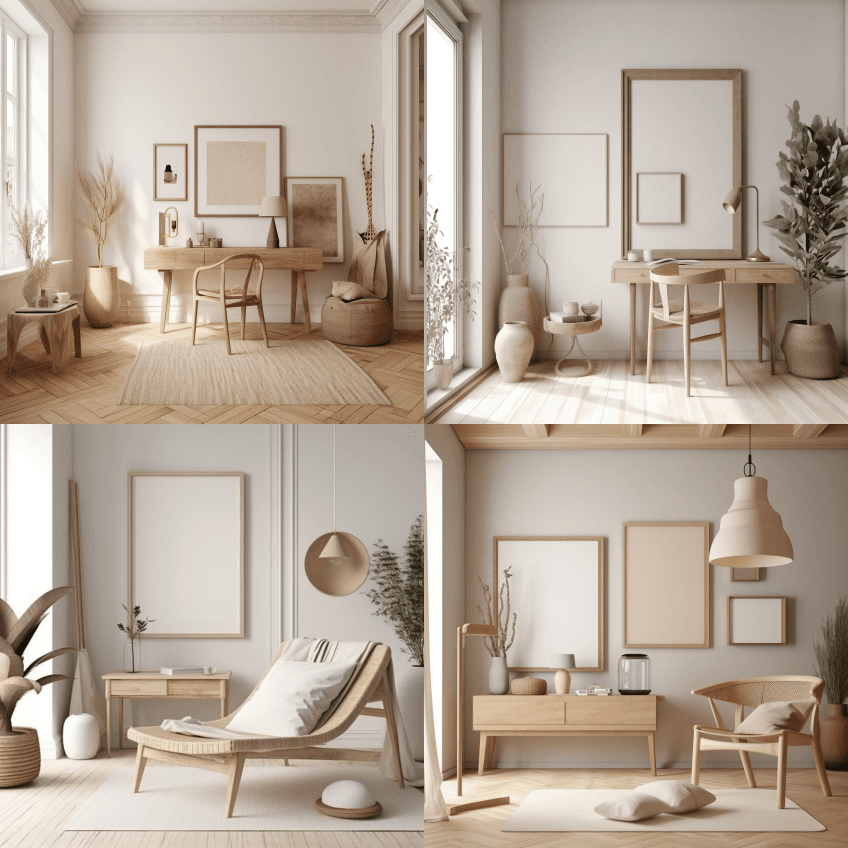 房屋模型，米色房间配有天然木制家具，墙上 - Midjourney Prompt