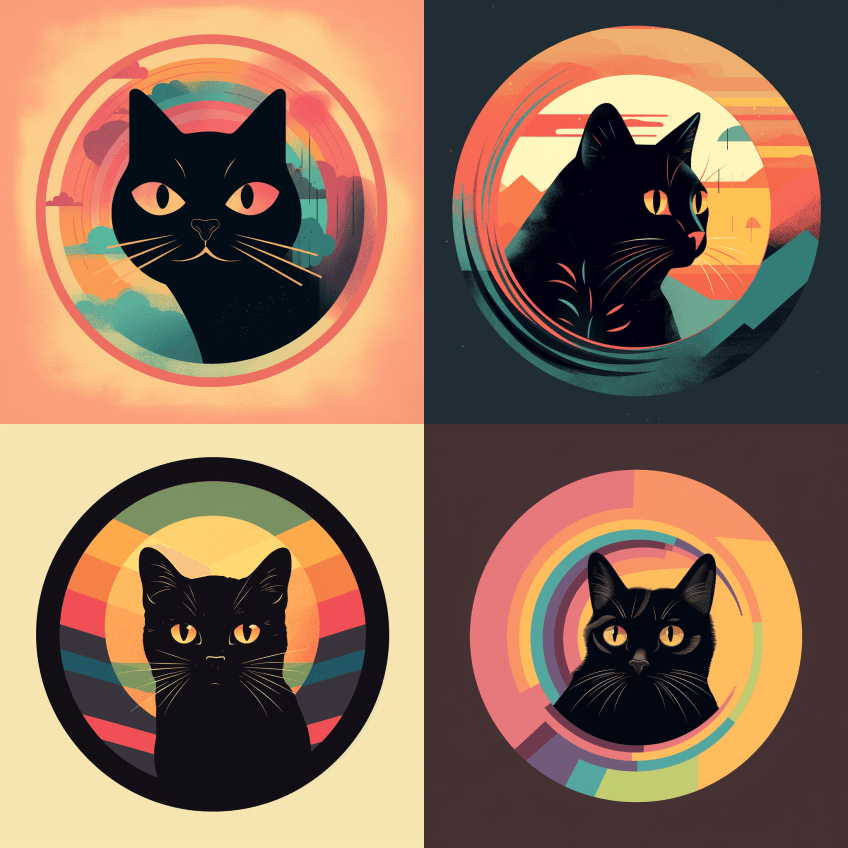 一只黑猫从圆圈里偷看，天空色彩丰富，复古 - Midjourney Prompt