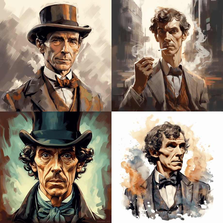 夏洛克·福尔摩斯的插图,浅棕色和银色的风 - Midjourney Prompt