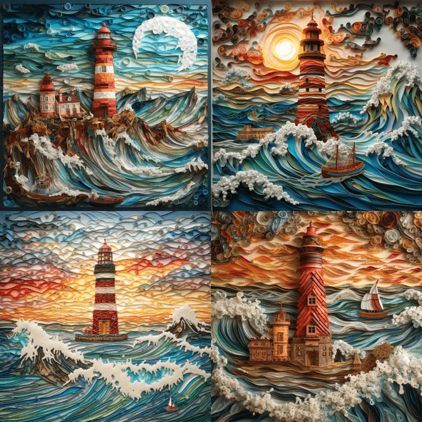 巨浪，灯塔，多维纸羽毛笔，3D，细节，逼 - Midjourney Prompt