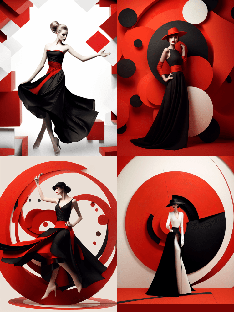 穿着红、黑和：：超现实主义：：?：，白 - Midjourney Prompt