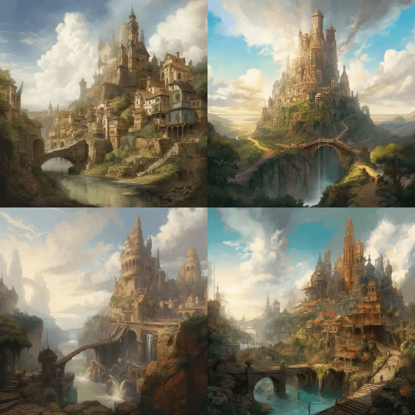 河上的一座梦幻之塔，风格有梯田式的城市风 - Midjourney Prompt