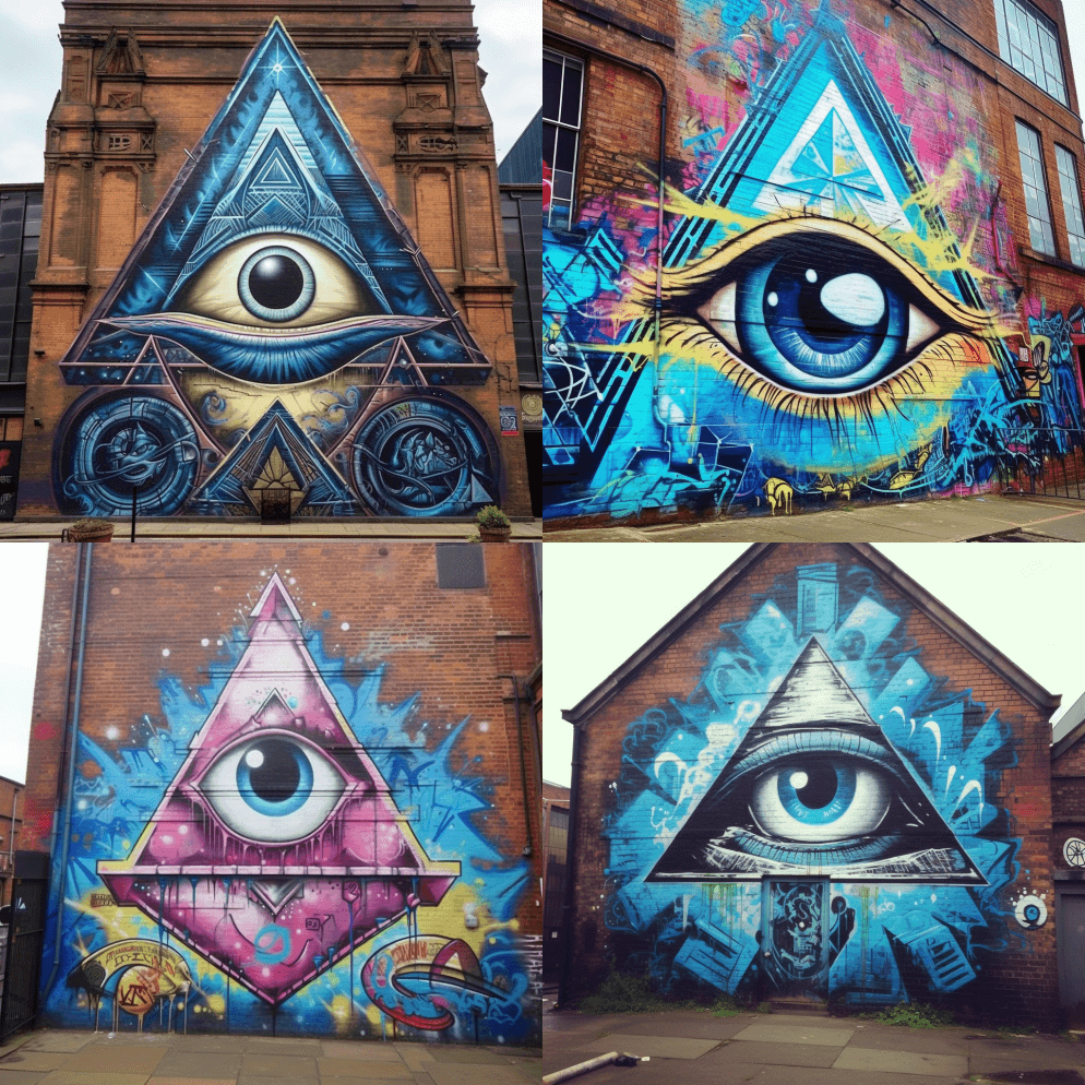 喷漆，涂鸦风格，全明眼，共济会广场和指南 - Midjourney Prompt