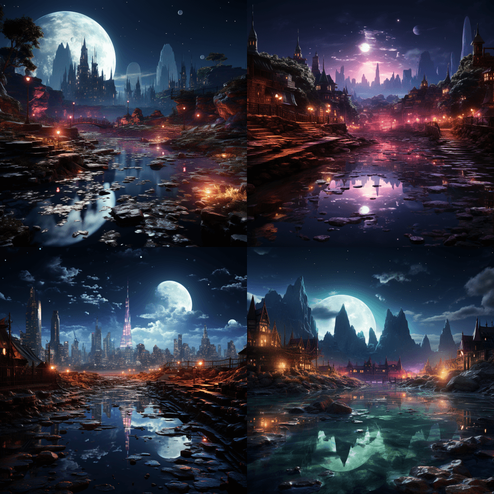 晶莹剔透的池塘，发光的霓虹灯水晶，风景电 - Midjourney Prompt