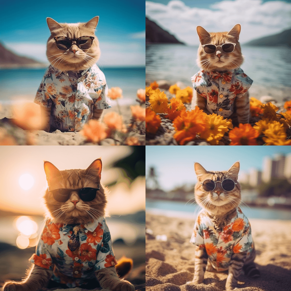 一只猫戴着墨镜站在海滩边，戴着花式的太阳 - Midjourney Prompt