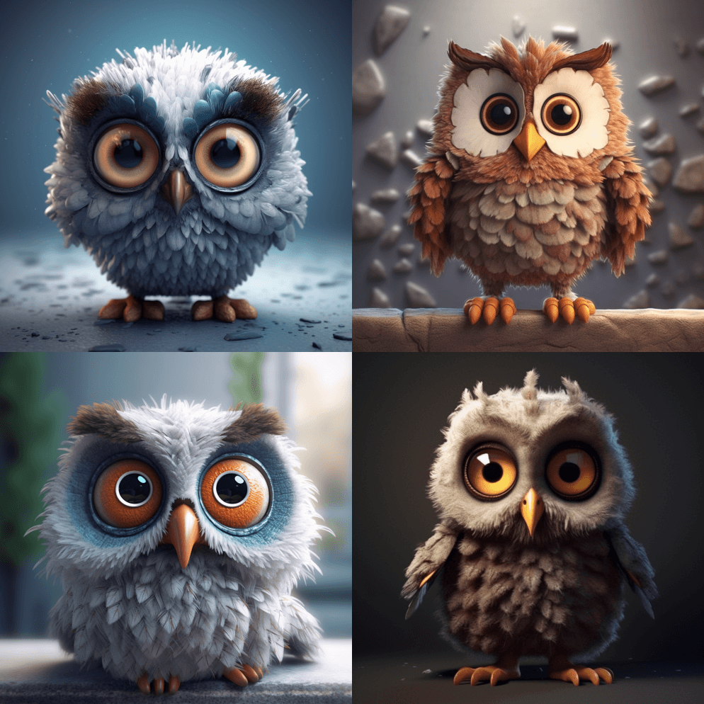 可爱的猫头鹰作为逼真的3D角色，滑稽的大 - Midjourney Prompt