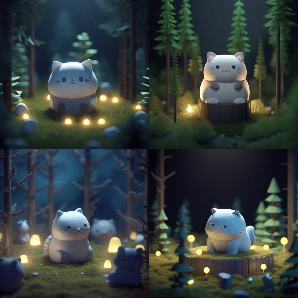 微小可爱的等距胖灰白猫在照亮的Forre - Midjourney Prompt