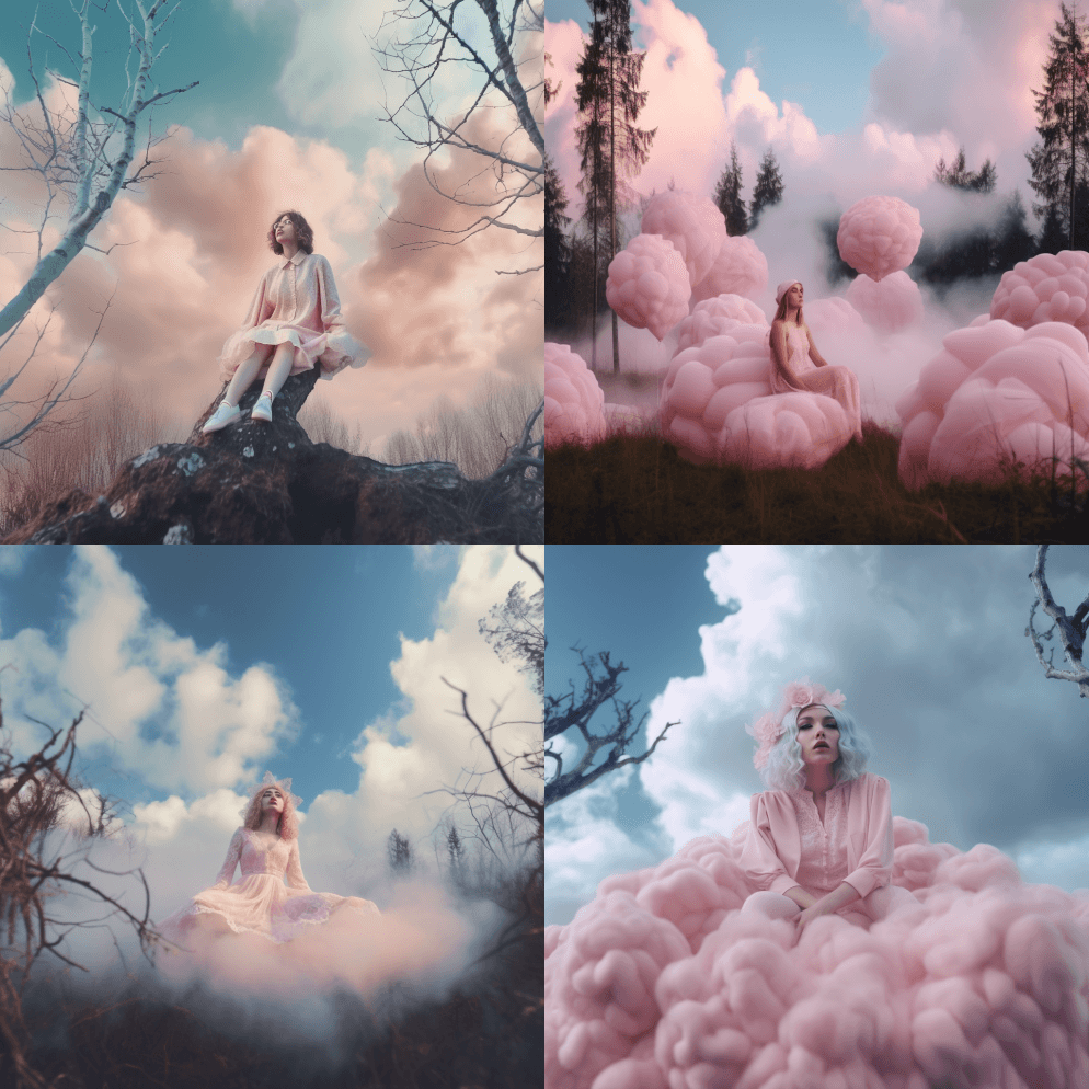 悲伤的森林仙女漂浮在蓝天蓬松蓬松的淡粉色 - Midjourney Prompt