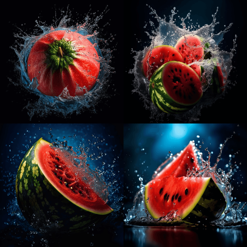 动态迷人的西瓜构图，潮湿、壮观的色彩，戏 - Midjourney Prompt