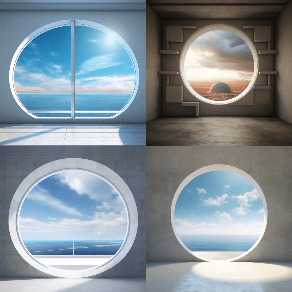 俯瞰空白地平线的未来派大窗户 - Midjourney Prompt