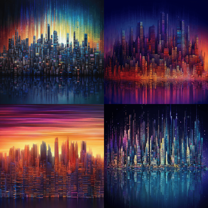 赛博朋克纸羽毛笔城市景观由数字二进制条形 - Midjourney Prompt