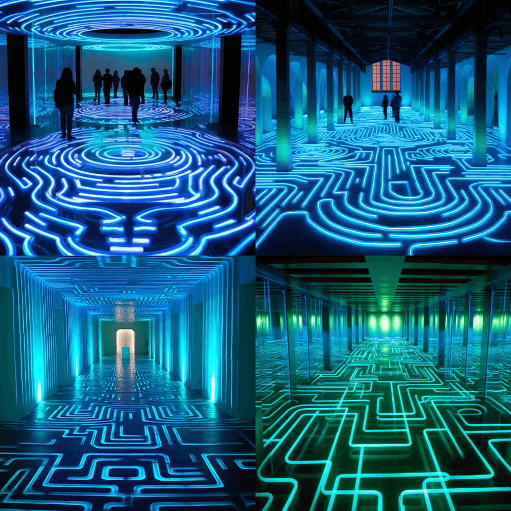 这座迷宫采用霓虹灯风格设计，具有三维造型 - Midjourney Prompt