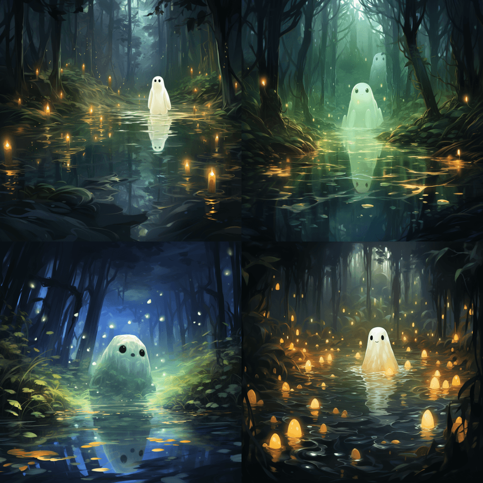 可爱可爱的发光幽灵漂浮在魔法沼泽中，倒影 - Midjourney Prompt