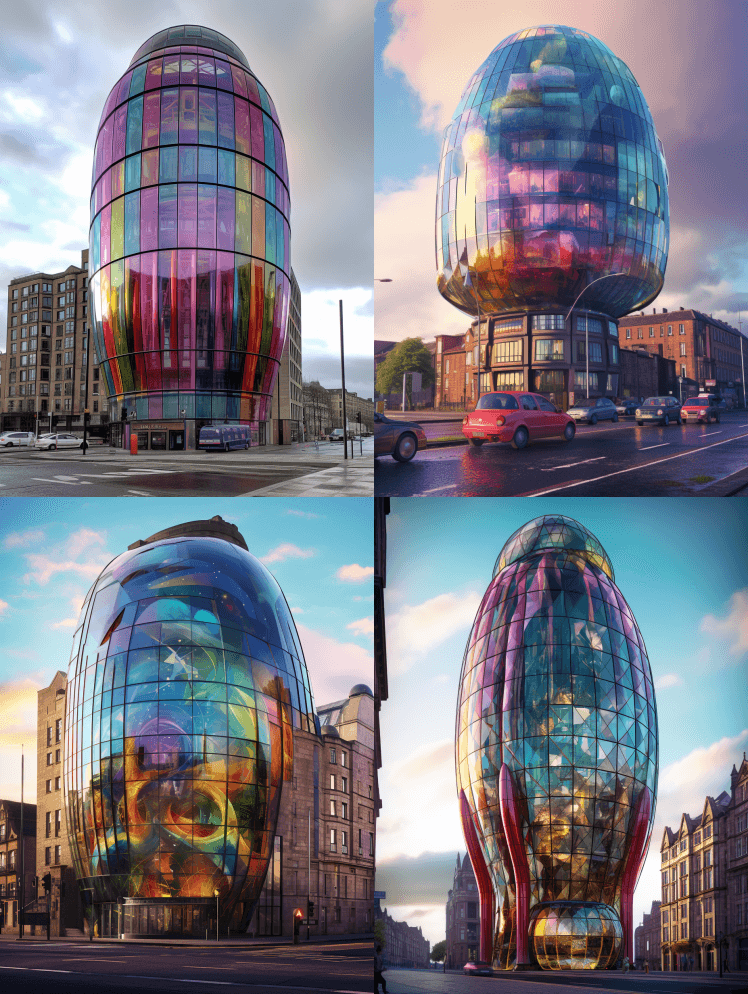 未来主义的美丽时代摩天大楼，球茎状彩色玻 - Midjourney Prompt