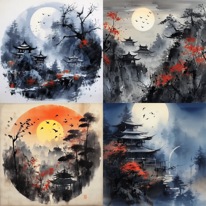 月落、乌鸦的哭泣、霜冻的天空、枫叶、钓火 - Midjourney Prompt
