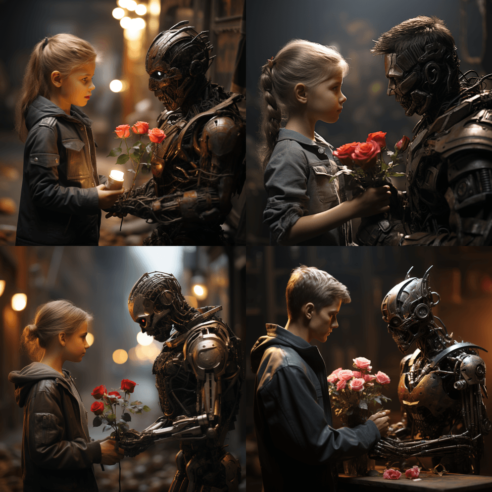 终结者给所有人类儿童送花。电影中的超现实 - Midjourney Prompt