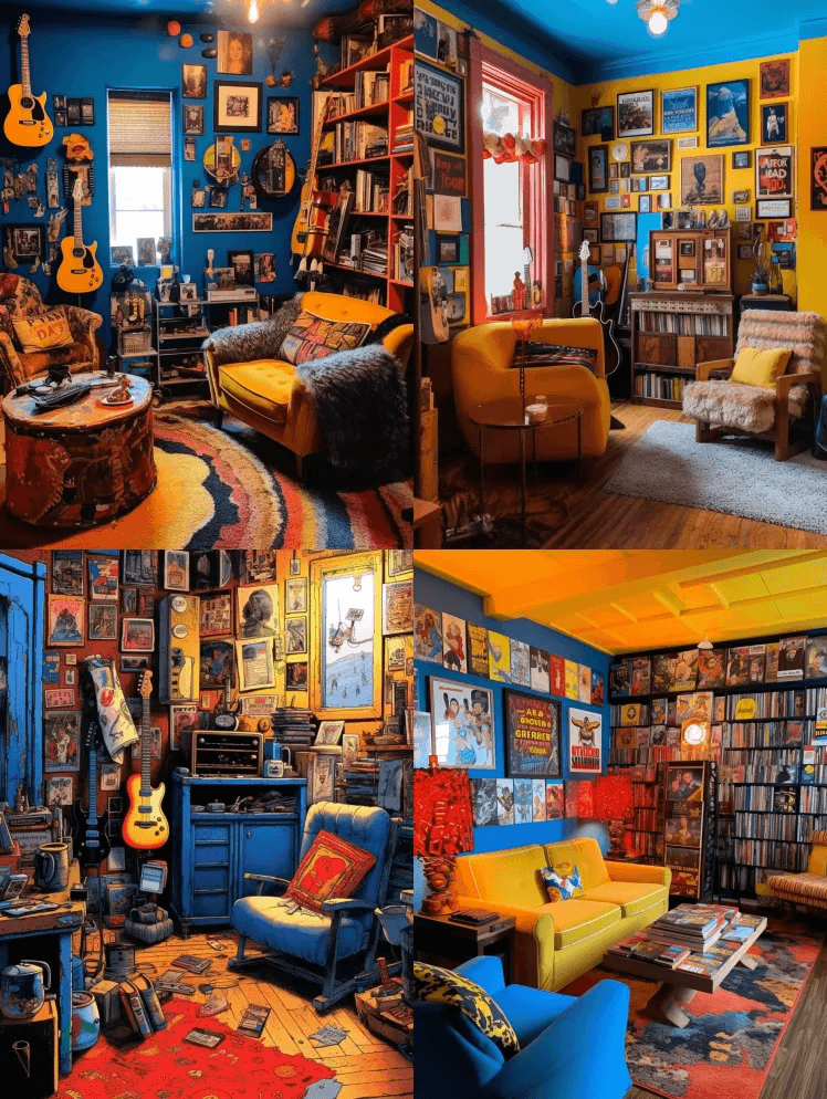 房间里满是明亮的蓝色油漆、黄色和红色的家 - Midjourney Prompt