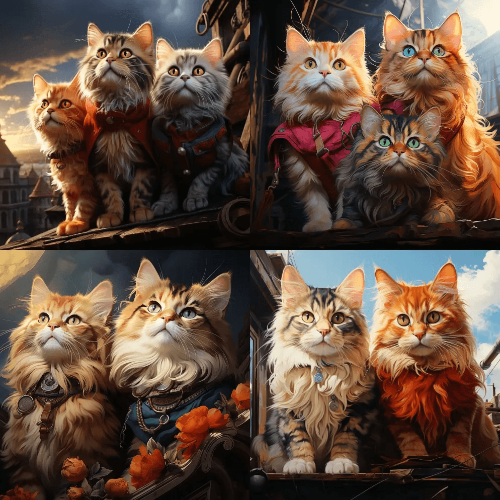 屋顶上的猫三重奏，超现实主义，杰作，辛烷 - Midjourney Prompt