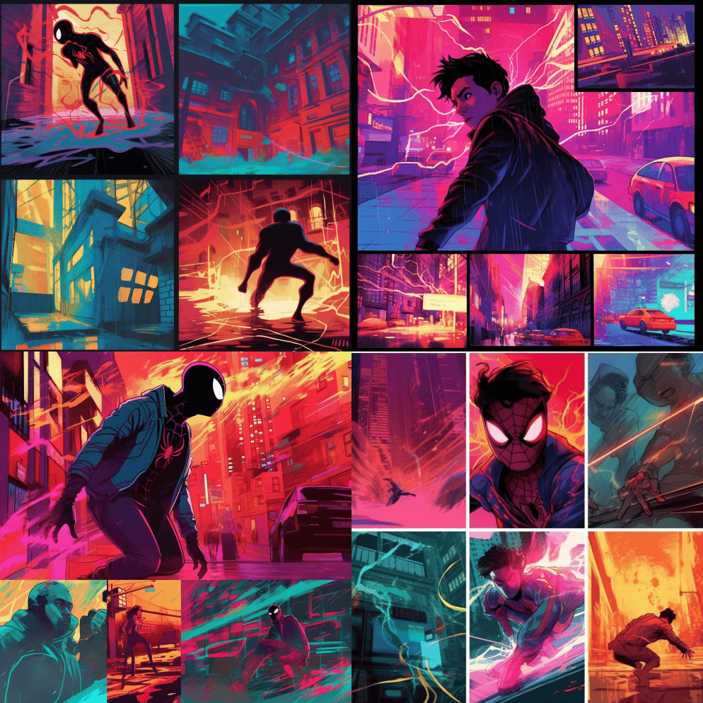 蜘蛛侠融入了蜘蛛诗句，以乔恩·福斯特的风 - Midjourney Prompt