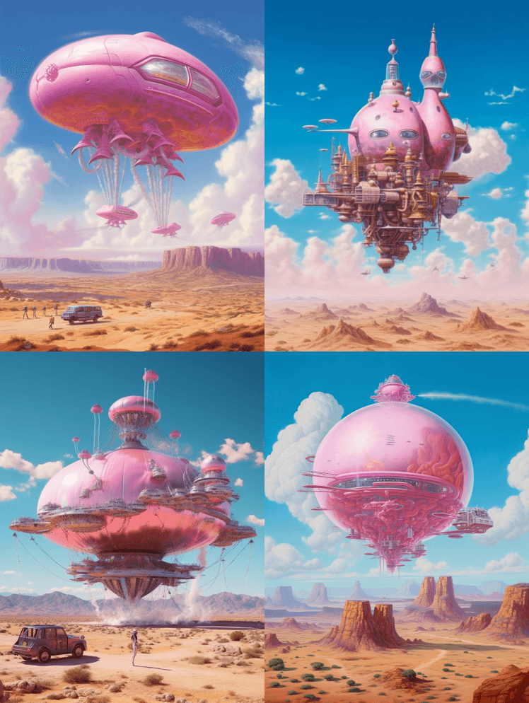 在晴朗的蓝天中，一艘金属宇宙飞船正在释放 - Midjourney Prompt