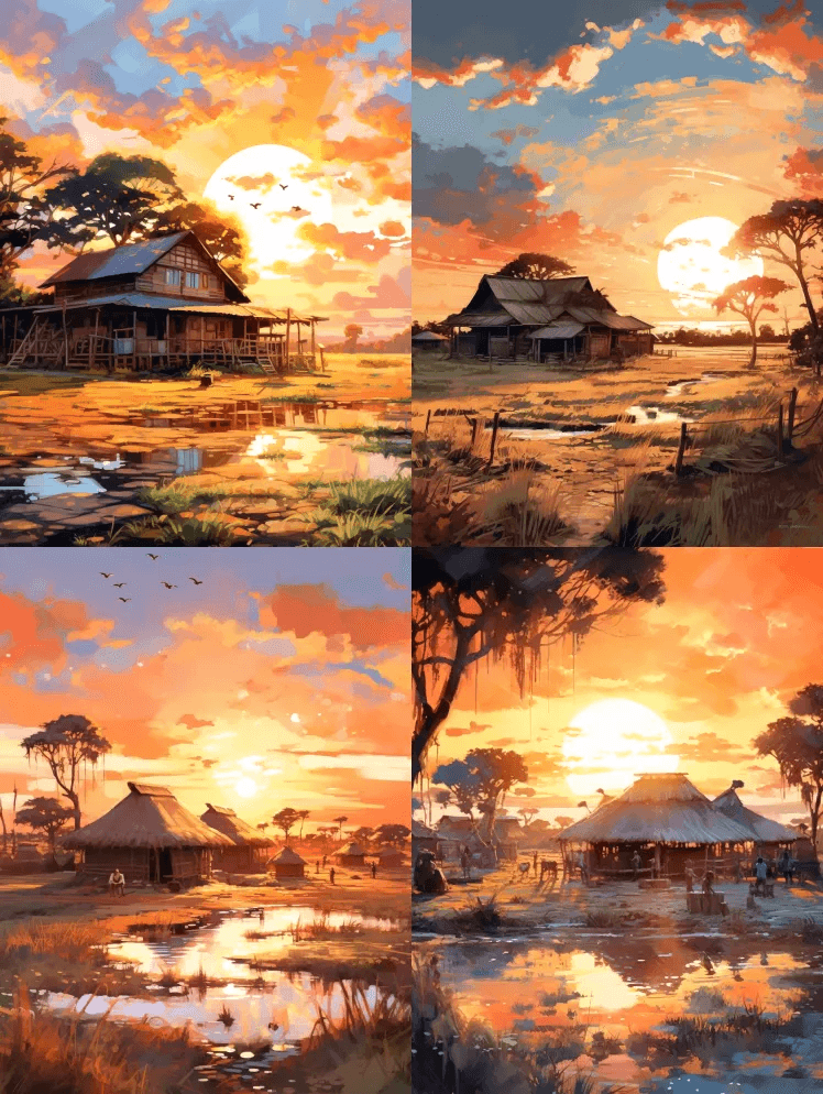 漫画水彩和油画插图展示了大草原上夕阳前的 - Midjourney Prompt