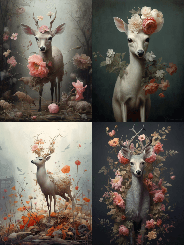 老鼠+鹿+花卉覆盖艺术，风格为柔和的超现 - Midjourney Prompt