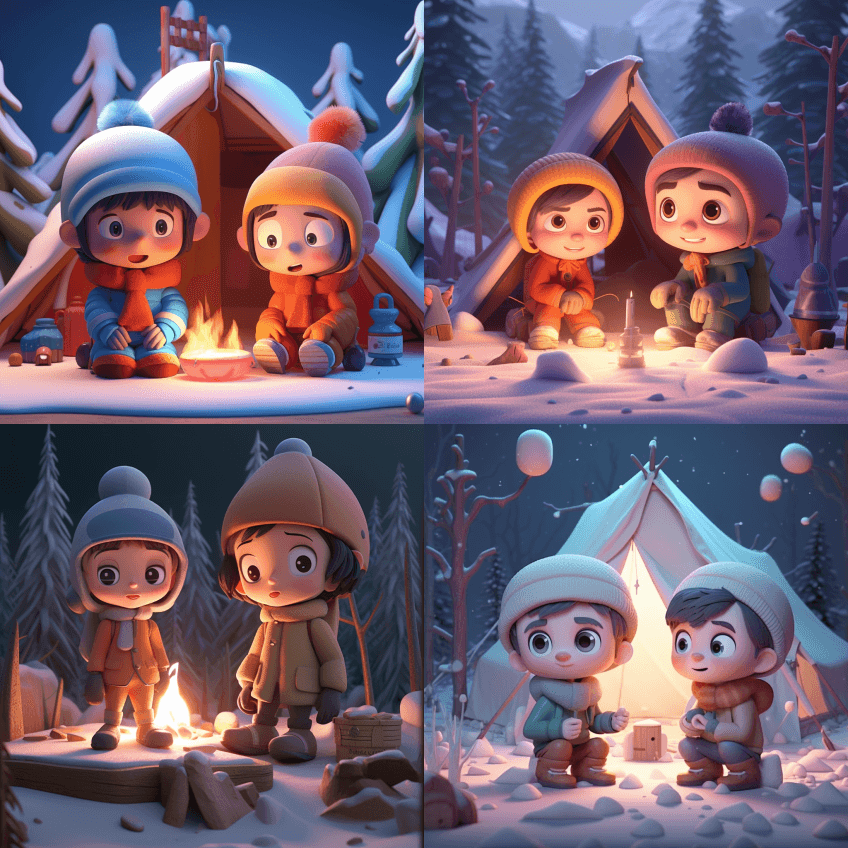 冬天，两个超级可爱的男孩和女孩在雪山边露 - Midjourney Prompt