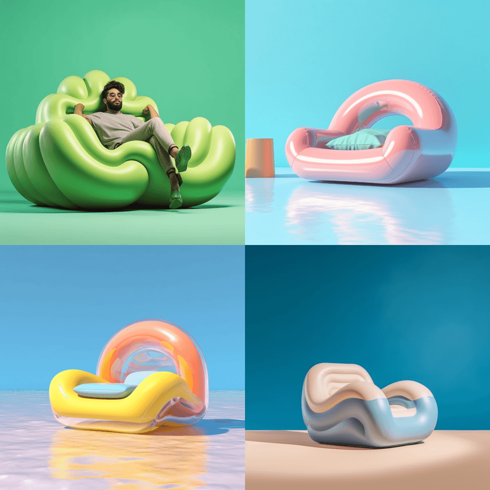 充气可折叠躺椅的新设计理念，高光泽商业照 - Midjourney Prompt