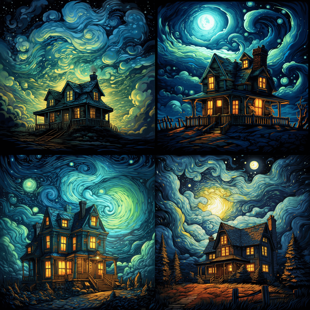 房子上方的繁星之夜有丹·芒福德风格的星星 - Midjourney Prompt
