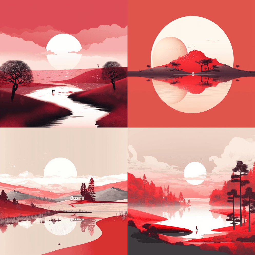 令人惊叹的矢量艺术景观，极简主义，红白相 - Midjourney Prompt