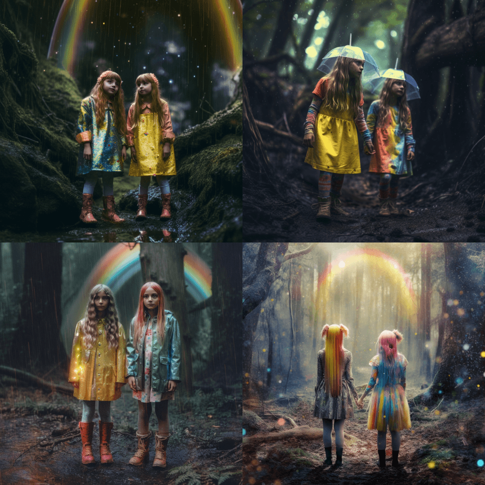 一张逼真的照片，两个女孩在一片令人毛骨悚 - Midjourney Prompt