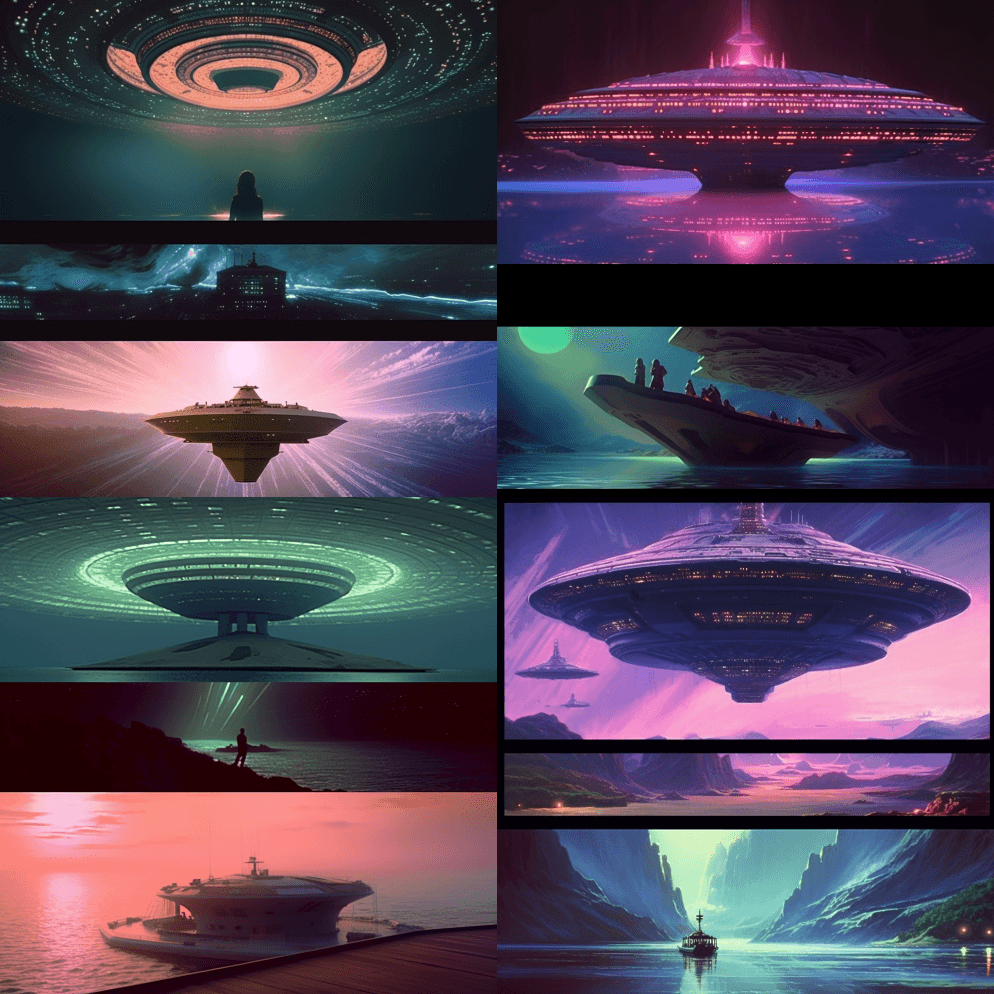 外星飞船漂浮在美丽的地方，古老的木船在下 - Midjourney Prompt