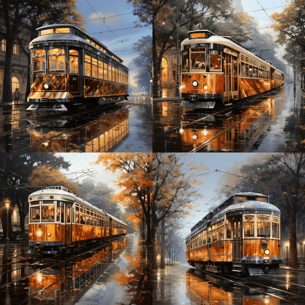 雨中的有轨电车，以淡琥珀和青铜的风格，官 - Midjourney Prompt