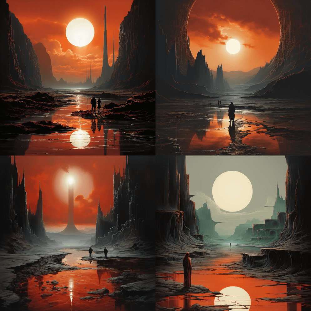 莫比乌斯、贝克辛斯基、阿登风格的超现实主 - Midjourney Prompt