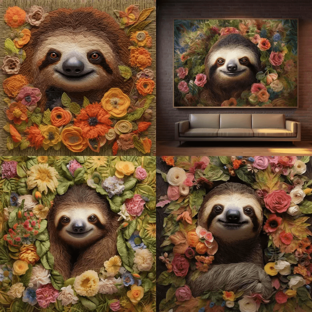 墙上的树懒肖像，有花，分层纤维风格，全景 - Midjourney Prompt