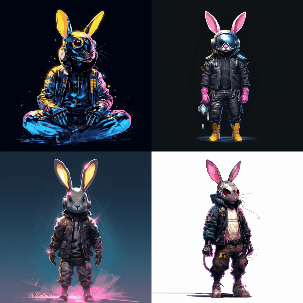 拟人兔穿傻朋克，日本平艺术风格，全身拍摄 - Midjourney Prompt
