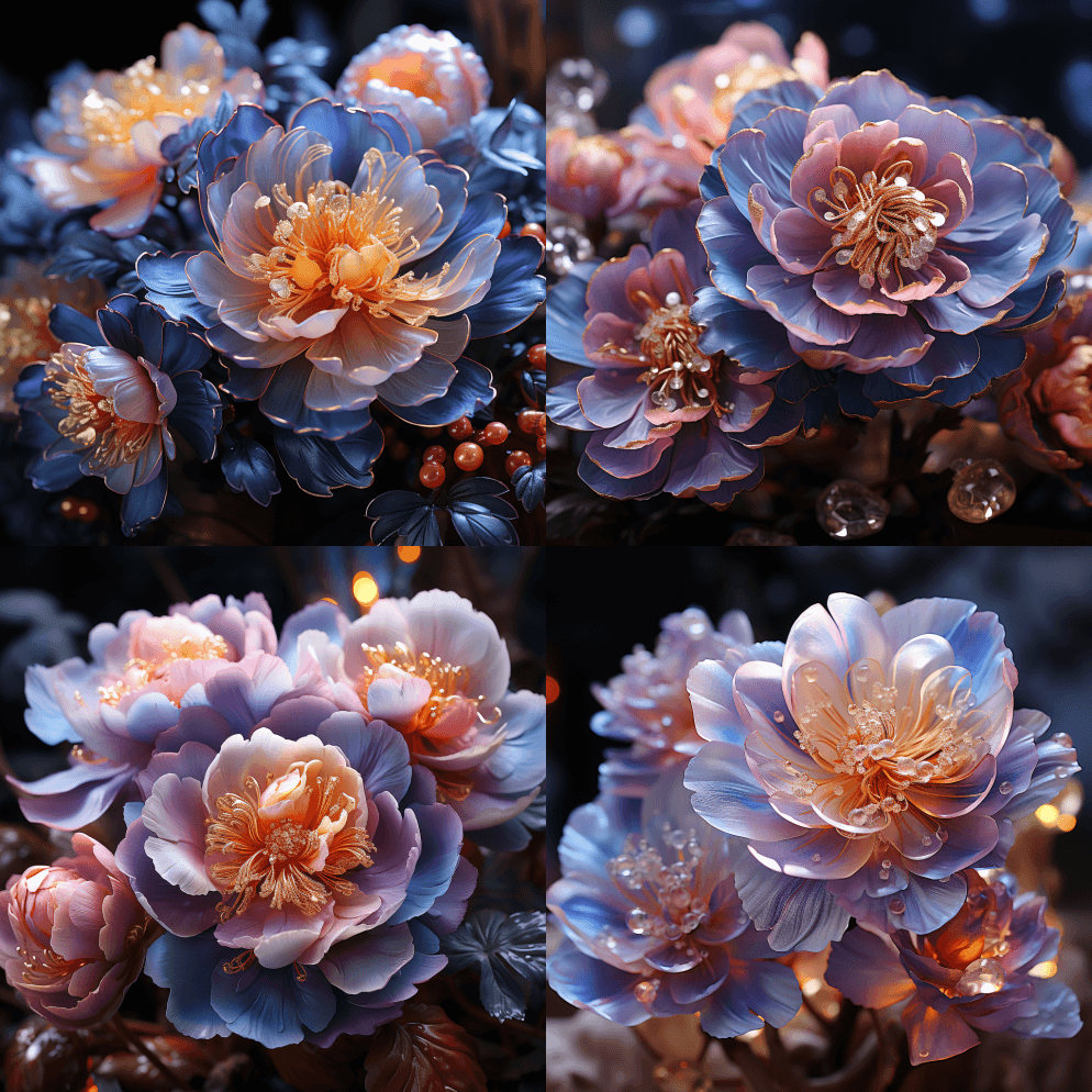 超现实的紫蓝色渐变色调牡丹发光，多种颜色 - Midjourney Prompt