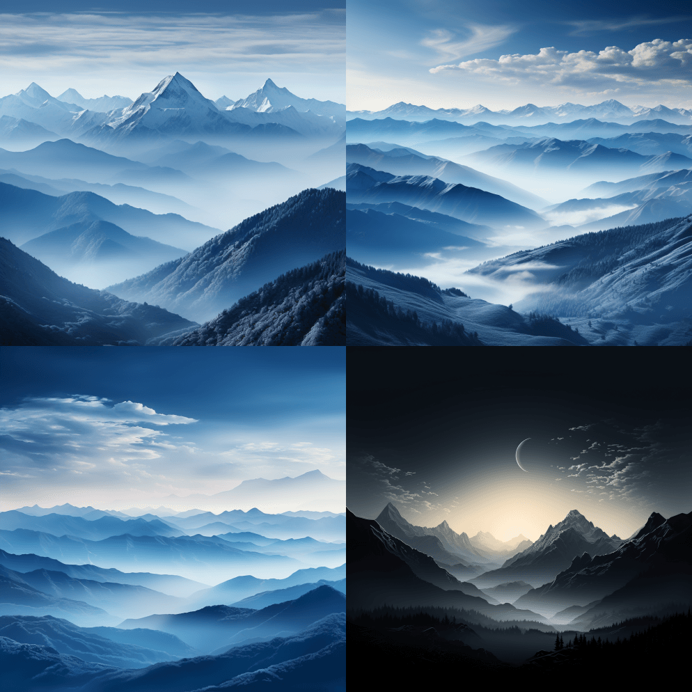 雄伟的山峰风格极简主义的山体剪影在风格高 - Midjourney Prompt