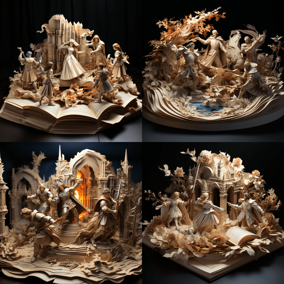 以打开书本为底座，两位骑士用纸打架，弹出 - Midjourney Prompt