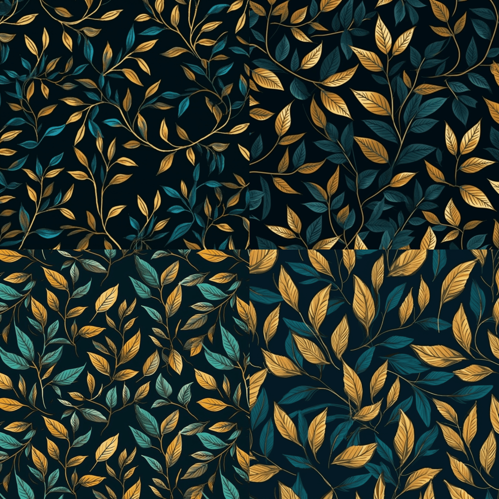 深蓝色和金色无缝叶子图案，深色背景，轮廓 - Midjourney Prompt