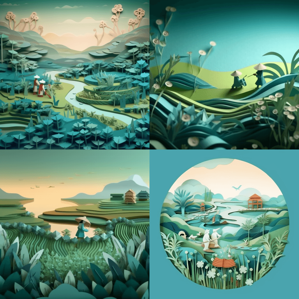 多维纸艺、纸插画、国画、有人插秧在绿色的 - Midjourney Prompt