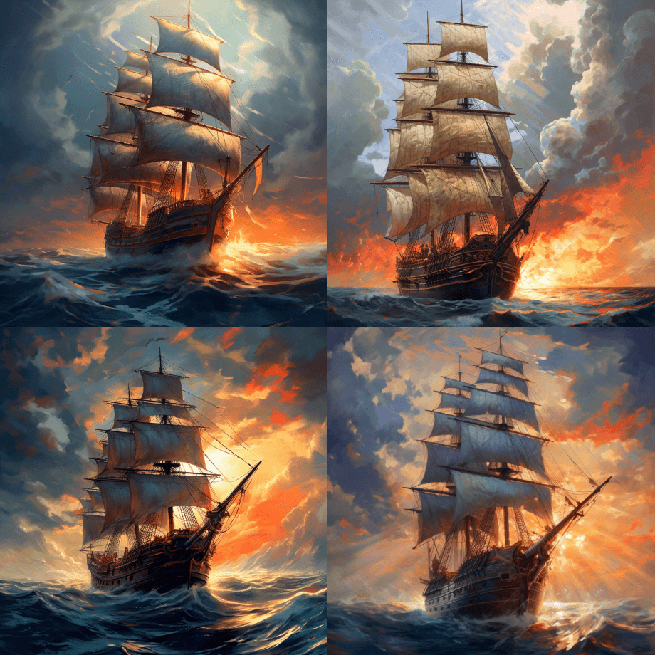 一艘海洋中的帆船，有着戏剧性的云彩，以乔 - Midjourney Prompt