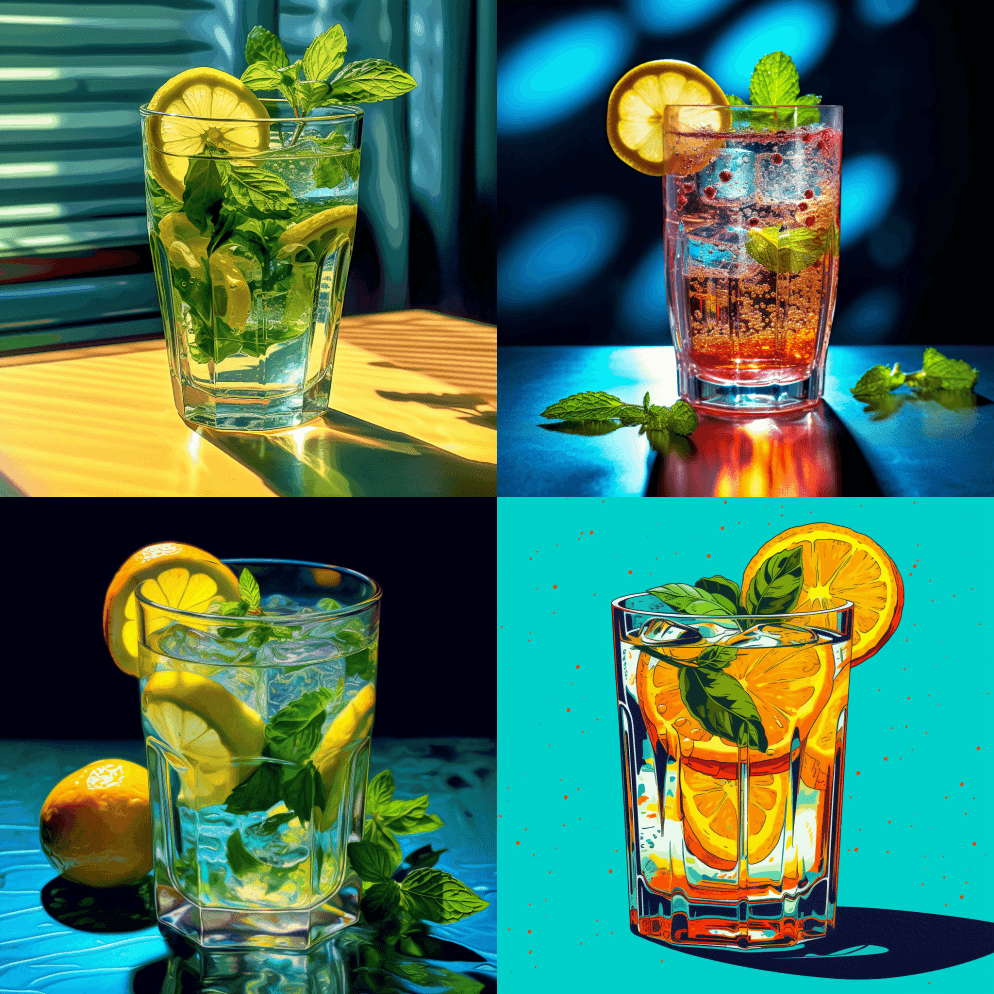 一杯清凉的饮料，在玻璃桌上放上一片柠檬和 - Midjourney Prompt